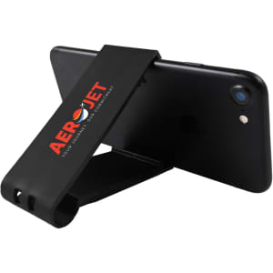 A Grip Clip Phone Stand designed to hold a smartphone upright, featuring a sleek black design with the logo "AERQUET."