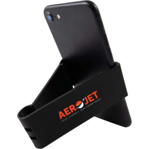 A black phone stand featuring a logo, supporting a smartphone in an upright position.