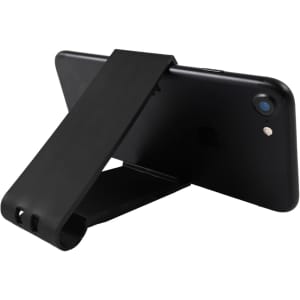A black phone stand designed to hold a smartphone upright, featuring a simple, foldable design.