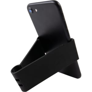 A black Grip Clip Phone Stand holds a smartphone in an upright position, featuring a sleek, minimalist design.