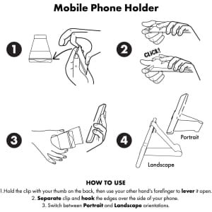 A graphic illustrating the use of a Grip Clip Phone Stand, featuring simple line drawings in black and white.