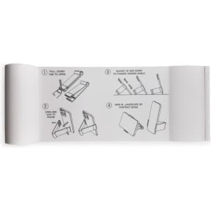 A phone stand in grey with foldable design instructions for landscape and portrait modes. Includes a logo.
