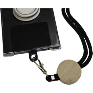 A black neck lanyard connects to a phone case with a wooden attachment, showcasing a sleek and functional design.