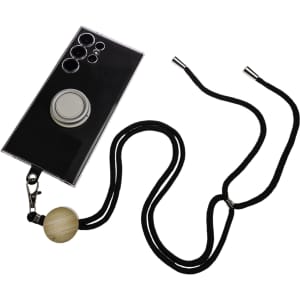 A black phone neck lanyard with a wooden bead and a phone holder attachment, designed to secure a smartphone.