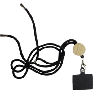 A neck lanyard featuring a wooden clip and a black pouch, designed to hold a phone securely.