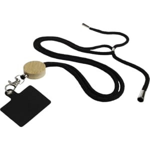 A neck lanyard featuring a wooden clip and a black ID card holder, designed for attaching items securely.