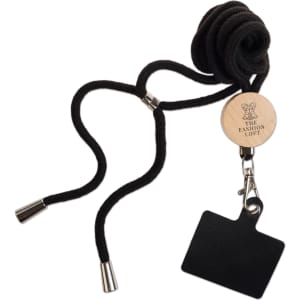 A black neck lanyard with a wooden tag featuring "The Fashion Loft" logo and a rectangular holder.