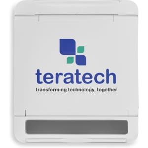 A white phone stand featuring a logo and a grey base. Sturdy design for supporting devices.