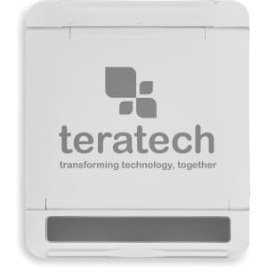 A white phone stand with a grey base, featuring a logo and a minimalistic design.
