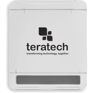 A white phone stand with a grey base and a logo on the front.
