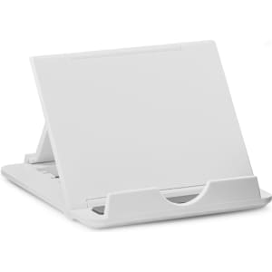 A white phone stand with an adjustable angle and a slot for phone placement. It features a simple design and a logo.
