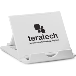 A white phone stand with a logo, featuring a foldable design and a slot for device placement.