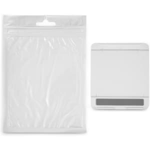 A white Glide Phone Stand next to a clear, resealable plastic packaging. The stand has a sleek, minimalist design.