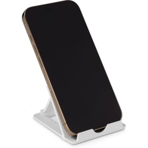 A phone in a white Glide Phone Stand, featuring a simple design with an adjustable angle.