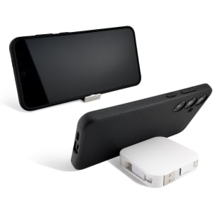 A retractable charging cable in white, positioned beside a black smartphone case, featuring a sleek design and a logo.