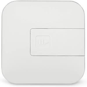 A white rectangular retractable charging cable with a button for operation and a logo.
