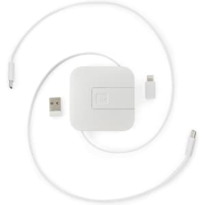 A white retractable charging cable with USB and Lightning connectors, featuring a compact square casing.