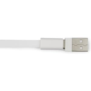 A white retractable charging cable with a metallic USB connector, featuring a logo on the cable.