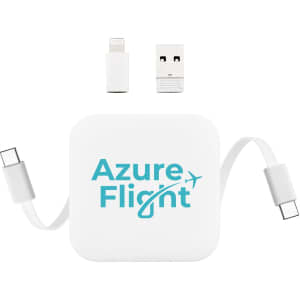 A retractable charging cable in white, featuring USB and Lightning connectors, with a logo on the casing.
