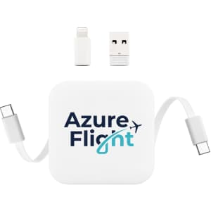 A white retractable charging cable with USB and Lightning connectors, featuring a logo.
