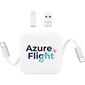 A white retractable charging cable with USB and Lightning connectors, featuring a logo on the casing.
