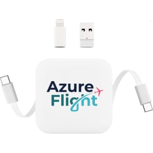 A white retractable charging cable with USB and Lightning connectors, featuring a logo.