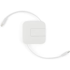 A white retractable charging cable with a compact square design and two connectors. It features a logo on the surface.