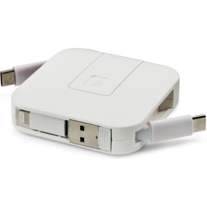 A white retractable charging cable featuring USB and USB-C connectors, with a compact design and a logo.
