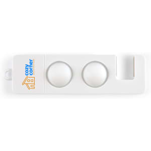 A white phone stand featuring two circular holders and a hook, with a logo on the left side.