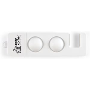 A white phone stand with two circular mounts and a hook, featuring a logo.