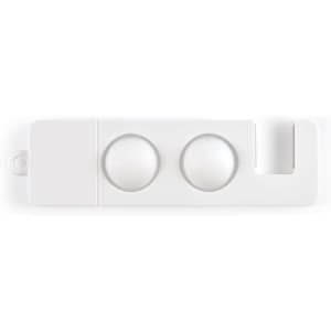 A white phone stand featuring two circular depressions and a slot for a device.