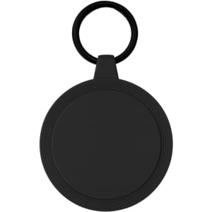 A black circular keychain with a textured rim and a loop for attachment. Features a branding logo.