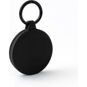 A black round keychain with a textured surface and a keyring attachment.