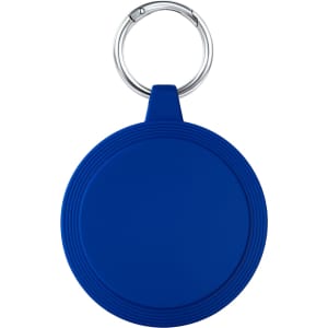A blue circular keychain with a textured surface and a metal keyring attachment.