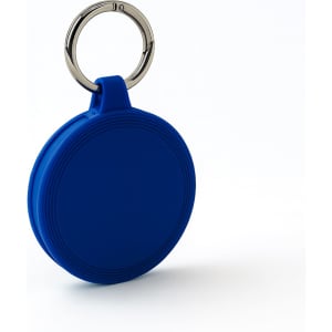 A blue keychain with a circular design, featuring a metal keyring attachment.