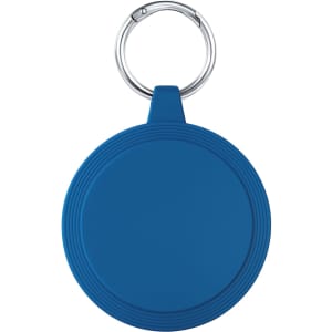 A blue keyring with a circular silicone cover and a metal keyring attachment.
