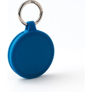 A blue round keychain with a silver ring, featuring a textured design on its surface.
