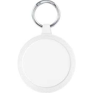 A keyring with a round, white attachment featuring a textured rim, ideal for holding keys or small items.