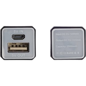 A compact black and gray power bank with USB and USB-C ports, featuring a capacity of 2,000 mAh.