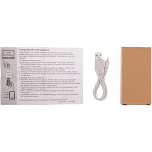 A power bank kit featuring a small brown box, USB charging cable, and instruction sheet.