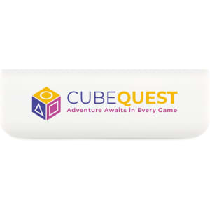 A white power bank with a compact design and a logo featuring colorful geometric shapes.