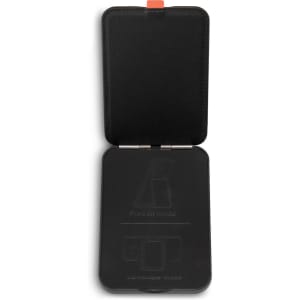 A black phone wallet with a hinged design features interior instructions for portrait and landscape modes.