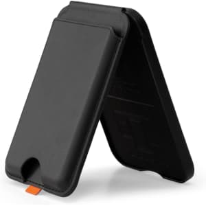 A black phone wallet with a stand feature, designed to hold a phone and cards. It has a small orange detail.