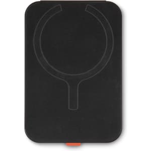 A black phone wallet with a subtle logo, featuring a circular design outline and an orange accent.