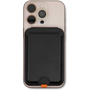 A mobile phone in a pink case with a black wallet attached to the back. The wallet features a logo.