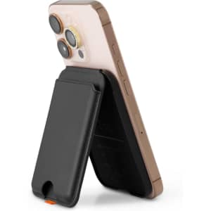 A smartphone in a black Cozy Phone Wallet, showcasing a sleek design with a stand feature.