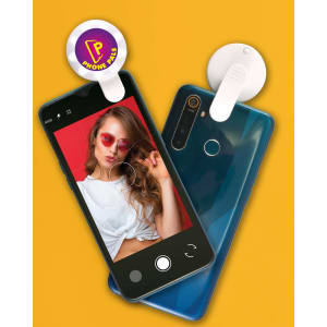 A blue smartphone and a black smartphone are displayed with a round, white LED selfie light attached to one.