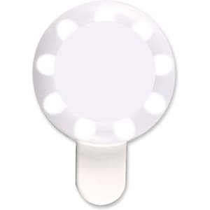 A round LED selfie light with a clip attachment, featuring multiple light settings for enhanced illumination.