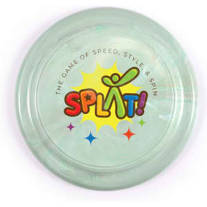A green marbled flyer with colorful text and a logo in the center, designed for a game called "SPLAT!".