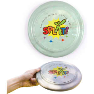 A frisbee in translucent green with a colourful logo and design on top, featuring a playful image of a character.